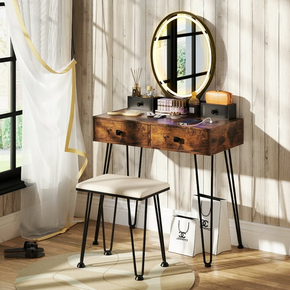 Giantex Vanity Table Set w/ 3-Color Lighted Mirror, Makeup DeskDressing Table for Home