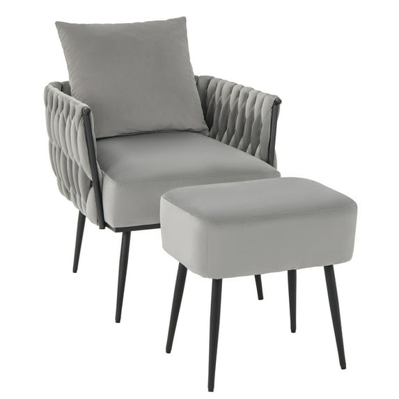Giantex Velvet Accent Chairs w/Ottoman, Leisure Single Comfy Sofa Chair for Reading, Gray