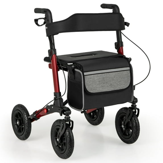Giantex Walkers for Seniors w/Seat, 2 in 1 Folding Rolling Rollator Walker, Adult Mobility Walking Aid, Red