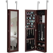 Giantex Wall Door Mounted Mirrored Jewelry Cabinet Jewelry Armoire Storage Organizer with Full Length Mirror Jewelry Cabinets (Brown)