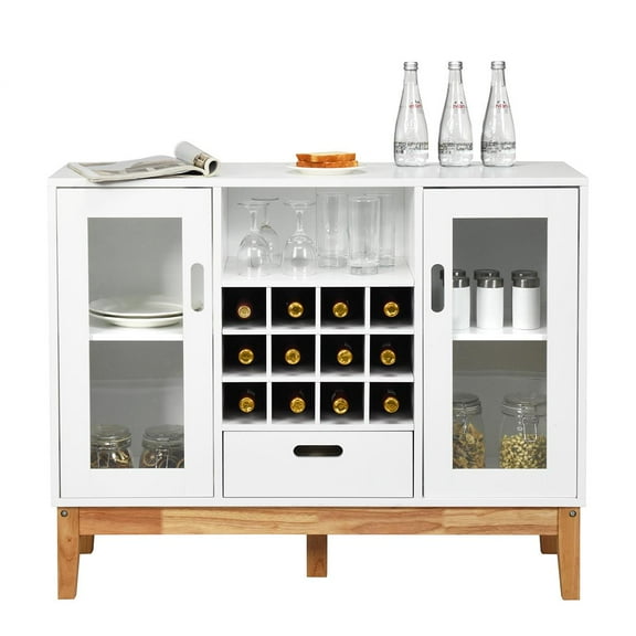 Giantex White Sideboard Buffet Storage Cabinet, Wood Accent Console Table w/Removable Wine Rack, Glass Doors