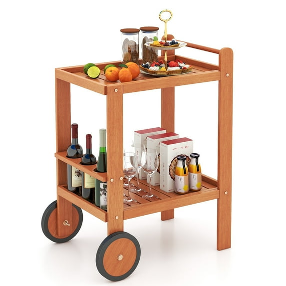 Giantex Wood Bar Cart, 2 Tier Bar Trolley w/Large Rubber Wheels & Wine Bottle Rack, Hardwood Home Serving Cart, Mobile Beverage Cart