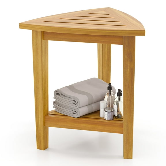 Giantex Wood Corner Shower Bench, Shower Stool for Shaving Legs, Bath Step for Small Spaces