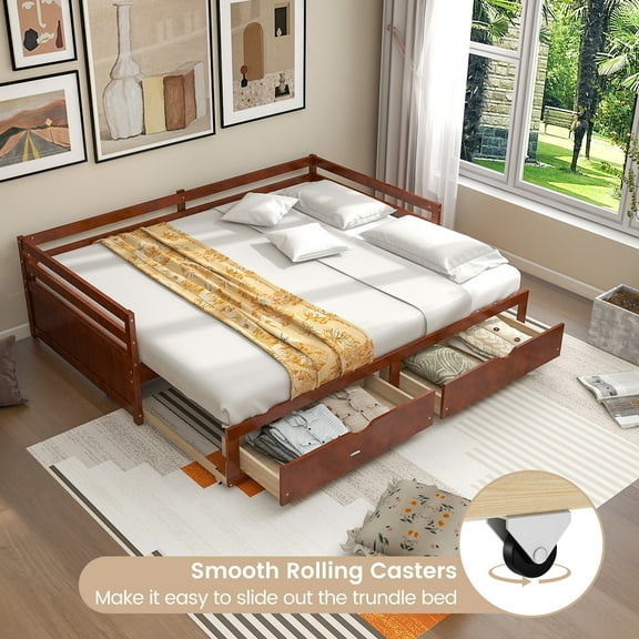 Giantex Wood Daybed w/Trundle, Extendable Twin to King Daybed Frame, Space Saving Dual-use Sofa Daybed