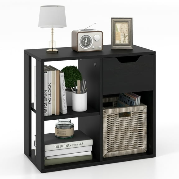 Giantex Wooden End Table, Sofa Side Table w/Drawer, Small Bedside Table, Bookshelf Bookcase Nightstand for Home Office, Black
