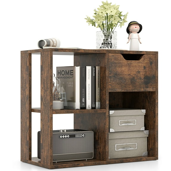 Giantex Wooden End Table, Sofa Side Table w/Drawer, Small Bedside Table, Bookshelf Bookcase Nightstand for Home Office, Brown