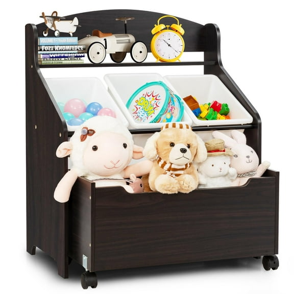 Giantex Wooden Kids Toy Storage Organizer, Toddler Furniture Storage Unit w/Wheels for Child's Bedroom Playroom, Espresso