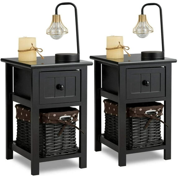 Giantex Wooden Nightstand, Safeplus End Table with Wooden Drawer and Wicker Drawer, Bedside Sofa Storage Organizer for Home Living Room Bedroom