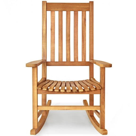 Giantex Wooden Rocking Chair, Slatted High Back Wood Rocker, Teak