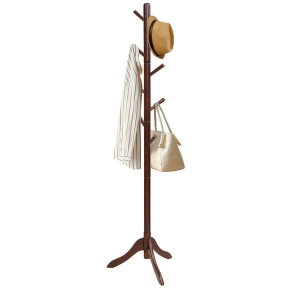 Giantex Wooden Tree Coat Stand, Height Adjustable Coat Rack w/8 Hooks & Tri-Legged Base, Standing Organizer for Office, Home, Hall, Entryway