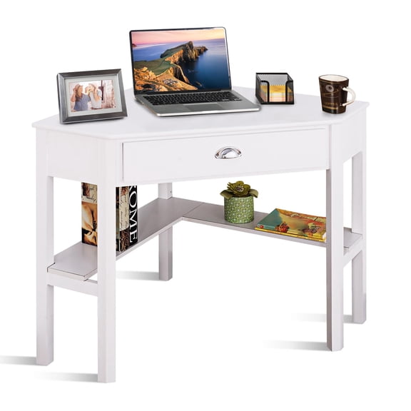 Giantex Writing & Study Corner Computer Desk, Laptop PC Table, Wood Home Office Desk, Study Workstation, White