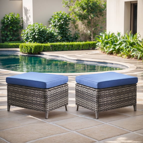 Giantfurnni 2 Peices Patio Rattan Ottomans, Outdoor Wicker Footrests with Cushions for Porch Backyard Deck
