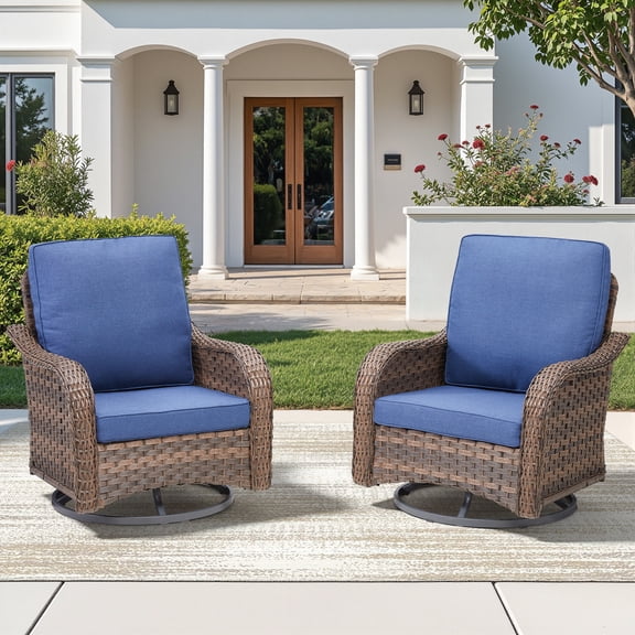 Giantfurnni 2-Piece Wicker Patio Swivel Gliders - High Back Rocking Chairs with Blue Cushions