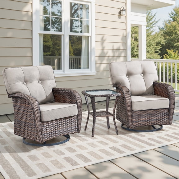 Giantfurnni 3-Piece Outdoor Swivel Rocking Chairs Set with Side Table, Patio Wicker Furniture All-Weather Rattan Chairs with 5" Thick Cushions, Beige