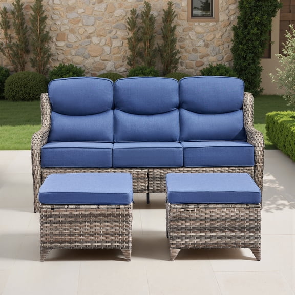 Giantfurnni 3-Piece All Weather Patio Furniture Set with 6-Inch Thick Cushions, High Back Outdoor Sofa and Ottomans for Porch Deck Balcony Yard, Grey Wicker Blue Cushions