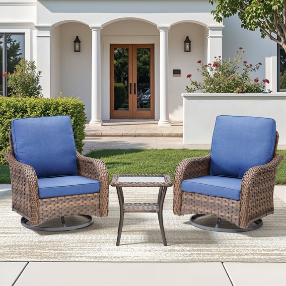 Giantfurnni 3-Piece Wicker Patio Set - 2 High Back Swivel Gliders Rocking Chairs with Side Table & Blue Cushions
