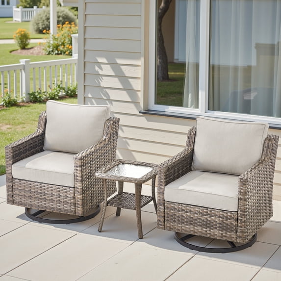 Giantfurnni 3-Piece Wicker Patio Set - 2 High Back Swivel Rockers with Side Table & Beige Cushions