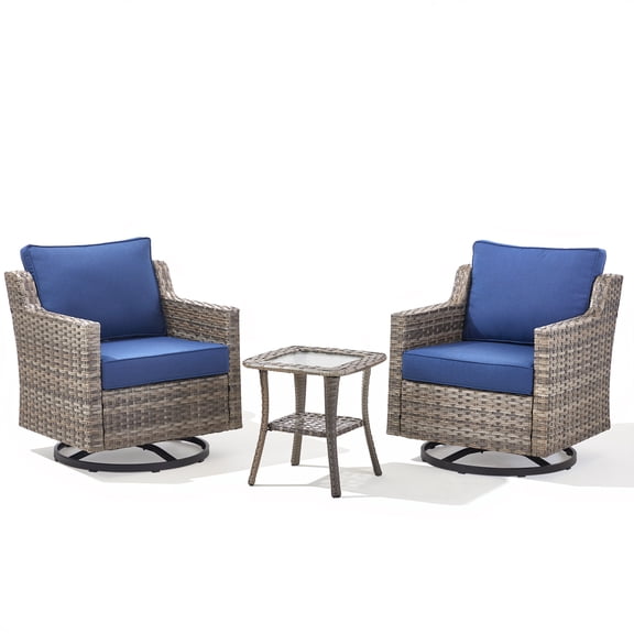 Giantfurnni 3-Piece Wicker Patio Set - 2 High Back Swivel Rockers with Side Table & Blue Cushions
