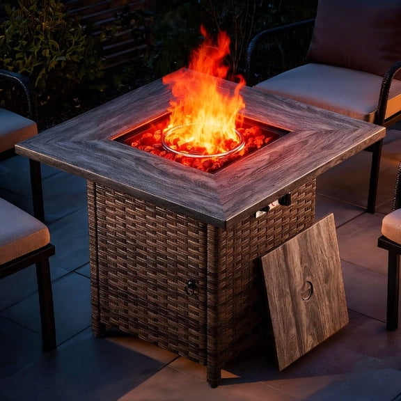 Giantfurnni 30" Propane Fire Pit Table with Lid, Outdoor Wicker 50,000 BTUs Square Gas Fire Pit Table with Lava Rocks for Balcony Porch Deck