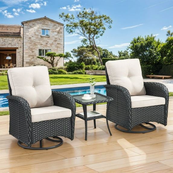 Giantfurnni 3PCS Patio Wicker Furniture Set Outdoor Rattan Swivel Rocking Chairs with Side Table Outdoor Glider Rocker Bistro Set with Cushions