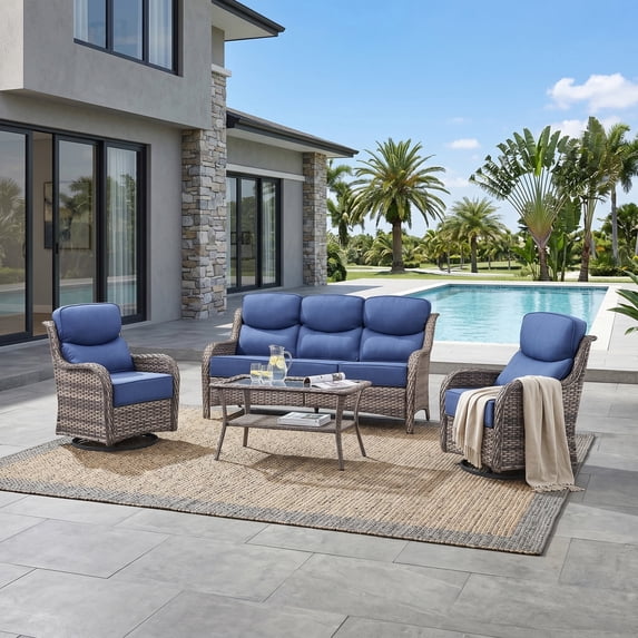 Giantfurnni 4-Piece Outdoor Patio Furniture Set, High Back Wicker Sofa & Swivel Rocker Chairs with Coffee Table, 6" Thick Cushions