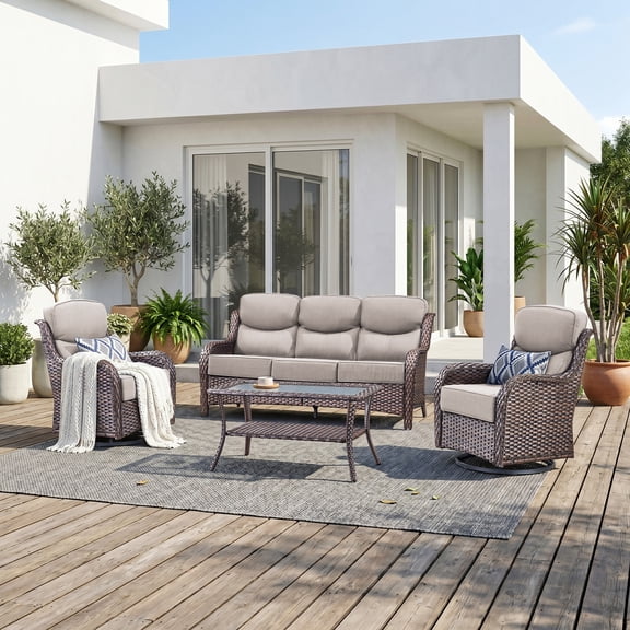Giantfurnni 4-Piece Outdoor Patio Furniture Set, High Back Wicker Sofa & Swivel Rocker Chairs with Coffee Table, 6" Thick Cushions