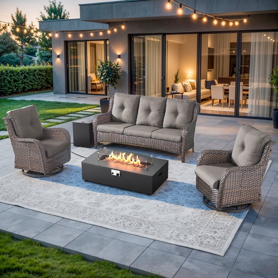 Giantfurnni 4 Piece Patio Wicker Furniture Set, Outdoor Swivel Rocker Chairs, All Weather Outdoor Patio Couch with Fire Pit Table for Deck Porch