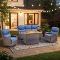 thumbnail image 1 of Giantfurnni Patio Fire Pit Sets Adult 4 Piece Wicker Weatherproof Outdoor Conversation Sets with Sofa and 2 Swivel Gliders, Brown/Blue, 1 of 13