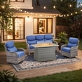 thumbnail image 1 of Giantfurnni Patio Fire Pit Sets Adult 4 Piece Wicker Weatherproof Outdoor Conversation Sets with Sofa and 2 Swivel Gliders, Grey/Blue, 1 of 13