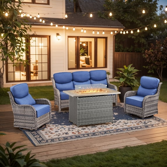 Giantfurnni Patio Fire Pit Sets Adult 4 Piece Wicker Weatherproof Outdoor Conversation Sets with Sofa and 2 Swivel Gliders, Grey/Blue
