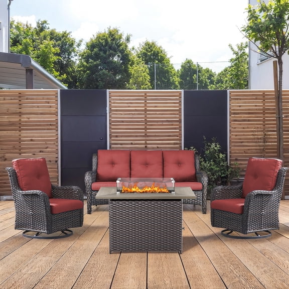 Giantfurnni 4 Piece Wicker Patio Furniture Set with Outdoor Sofa, 2 Swivel Rocker Chairs and Fire Pit Table for Deck Porch