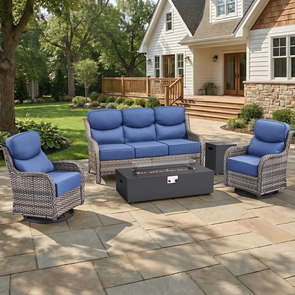 Giantfurnni 4 Pieces Wicker Patio Fire Pit Sets with 2 Swivel Rocking Chairs, Sofa and 43 Inch Fire Pit Table, Outdoor Furniture Set with 6" Thick Cushion