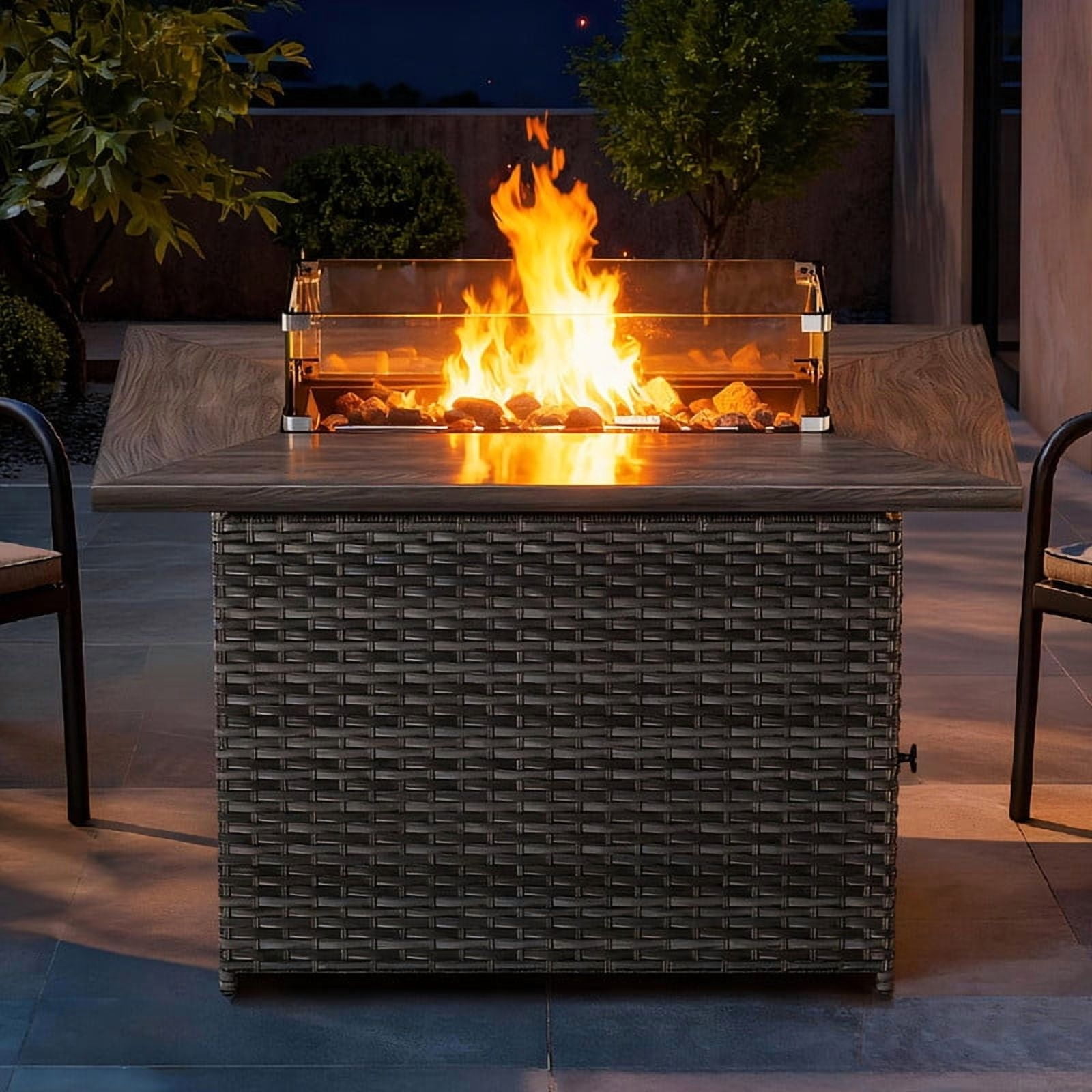 Giantfurnni 41" Propane Fire Pit Table with Lid, Outdoor Wicker 50,000 BTUs Rectangle Gas Fire Pit Table with Glass Wind Guard and Lava Rocks for Balcony Porch Deck