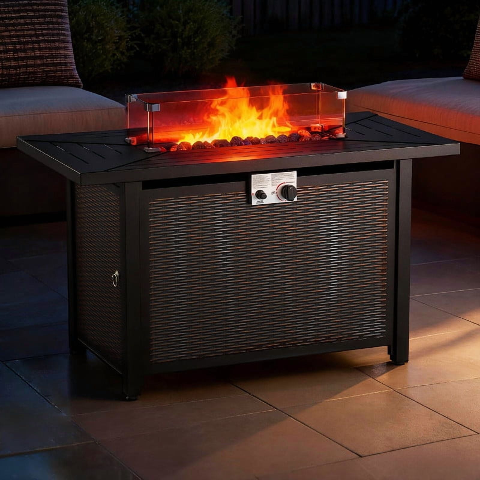 Giantfurnni 43" Propane Fire Pit Table with Lid, Outdoor Metal 50,000 BTUs Rectangle Gas Fire Pit Table with Glass Wind Guard and Lava Rocks for Balcony Porch Deck