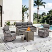 Giantfurnni 4PCS Patio Furniture Set with 30" Fire Pit Table, Outdoor All-Weather Rattan Conversation Set with Swivel Rocking Chairs and 6" Cushions, Patio Fire Pit Sets for Yard Garden Lawn, Gray