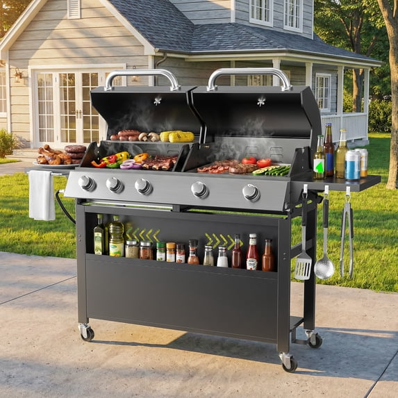 Giantfurnni 5-Burner Propane Gas Grill with 2 Cooking Zones, Stainless Steel Outdoor BBQ Grill