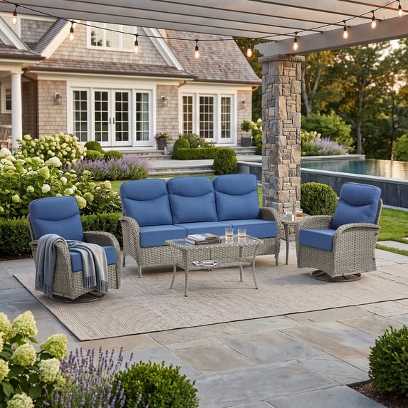 Giantfurnni 5 Piece Outdoor Patio Furniture High Back Conversation Set, Includes Sofa, Swivel Rocker Chairs, Side Table & Center Table, All-Weather PE Wicker with 6-Inch Cushions