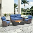 thumbnail image 1 of Giantfurnni 5 Piece Outdoor Patio Furniture Set with Fire Pit Table, All-Weather Wicker Swivel Rocking Conversation Chairs Fire Pit Sets with Tank Table and Wind Guard for Deck Garden Porch, Blue, 1 of 14