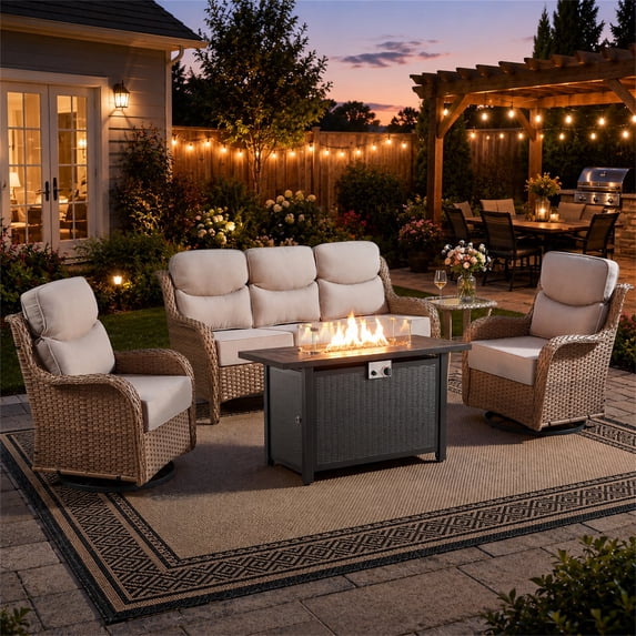 Giantfurnni 5-Piece Outdoor Patio Furniture Set with 50,000 BTU Fire Pit Table, High Back Wicker Sofa & 360° Swivel Rocker Chairs, 6" Thick Cushions