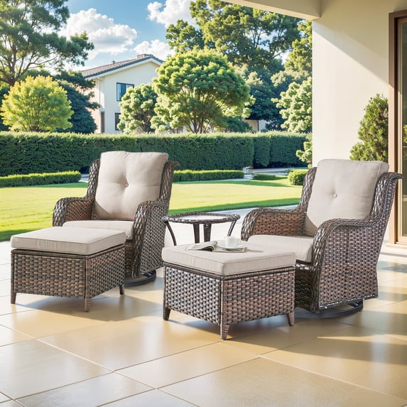 Giantfurnni 5 Piece Wicker Patio Furniture Set, Outdoor Swivel Rocker Chairs Set of 2 with Ottomans and Side Table, All Weather Outdoor Conversation Set for Porch Pool