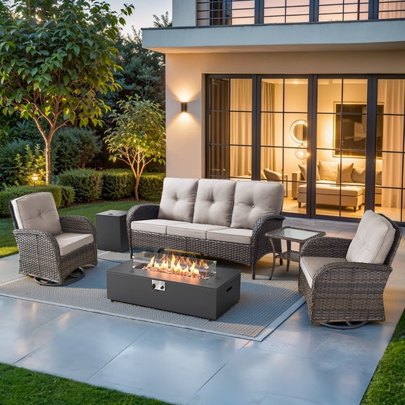Giantfurnni 5 Pieces Patio Furniture Set with 43inch Propane Fire Pit Table, Deep Seating Sofa, 2 Swivel Rocker Glider Chairs and Side Table, Outdoor Conversation Set