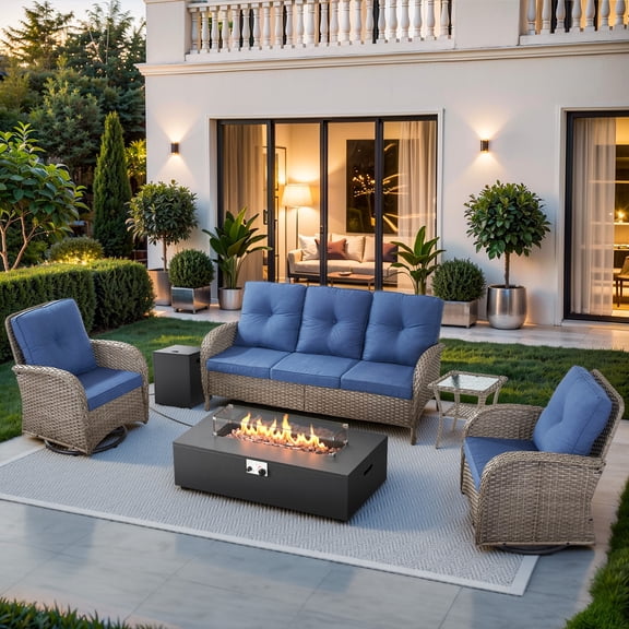 Giantfurnni 5 Pieces Patio Furniture Set with 43inch Propane Fire Pit Table, Deep Seating Sofa, 2 Swivel Rocker Glider Chairs and Side Table, Outdoor Conversation Set