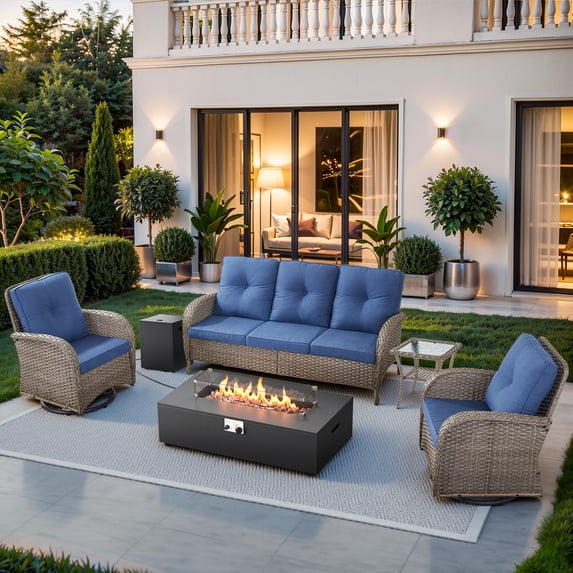 Giantfurnni 5 Pieces Patio Furniture Set with 43inch Propane Fire Pit Table, Deep Seating Sofa, 2 Swivel Rocker Glider Chairs and Side Table, Outdoor Conversation Set