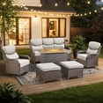 thumbnail image 1 of Giantfurnni Patio Fire Pit Sets Adult 6 Piece Wicker Weatherproof Outdoor Conversation Sets with Sofa and 2 Swivel Gliders, Brown/Beige, 1 of 14