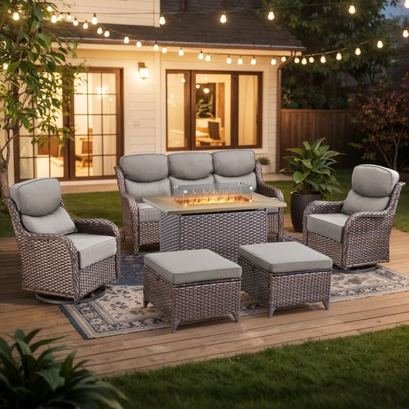 Giantfurnni Patio Fire Pit Sets Adult 6 Piece Wicker Weatherproof Outdoor Conversation Sets with Sofa and 2 Swivel Gliders, Brown/Gray