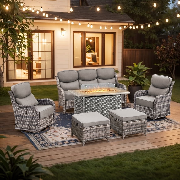 Giantfurnni Patio Fire Pit Sets Adult 6 Piece Wicker Weatherproof Outdoor Conversation Sets with Sofa and 2 Swivel Gliders, Grey/Gray