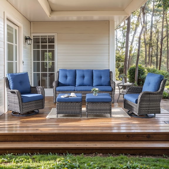 Giantfurnni 6 Piece Wicker Patio Furniture Set, Swivel Rocker Chairs Set of 2 with 2 Ottomans, 3 Seater Sofa and Side Table, All Weather Outdoor Conversation Set for Porch Pool