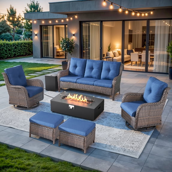 Giantfurnni 6 Piece Wicker Patio Furniture Set with Fire Pit Table, Outdoor Conversation Set with Swivel Rocker Chairs, Rattan Sofa and Ottomans