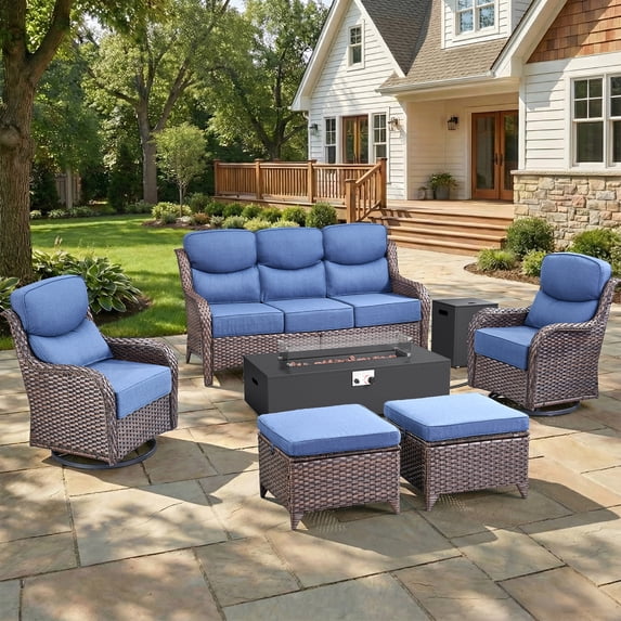 Giantfurnni 6 Pieces Wicker Patio Fire Pit Sets with 2 Swivel Rocking Chairs, Sofa, 2 Ottomans and 43 Inch Fire Pit Table, Outdoor Furniture Set with 6" Thick Cushion