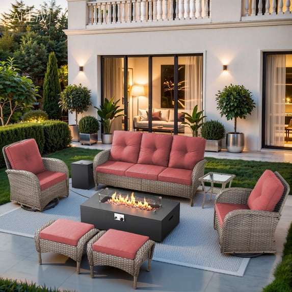 Giantfurnni 7 Pieces Patio Furniture Set with 43inch Propane Fire Pit Table, Deep Seating Sofa, 2 Swivel Rocker Glider Chairs, 2 Ottomans and Side Table, Outdoor Conversation Set